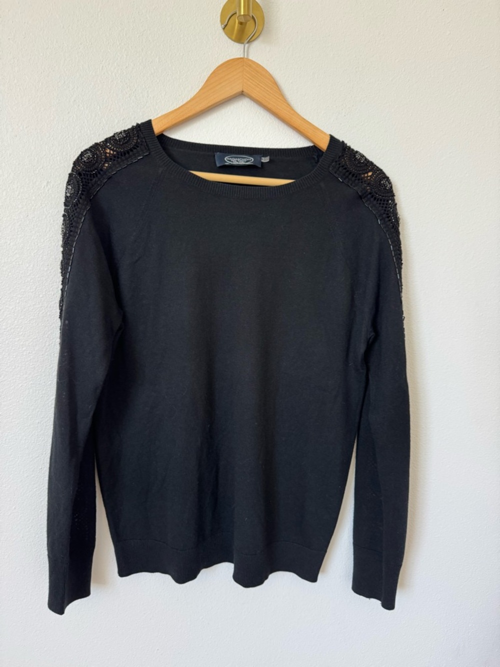 Magaschoni Black Knit Crewneck Silk Cashmere Beaded Sleeve Sweater